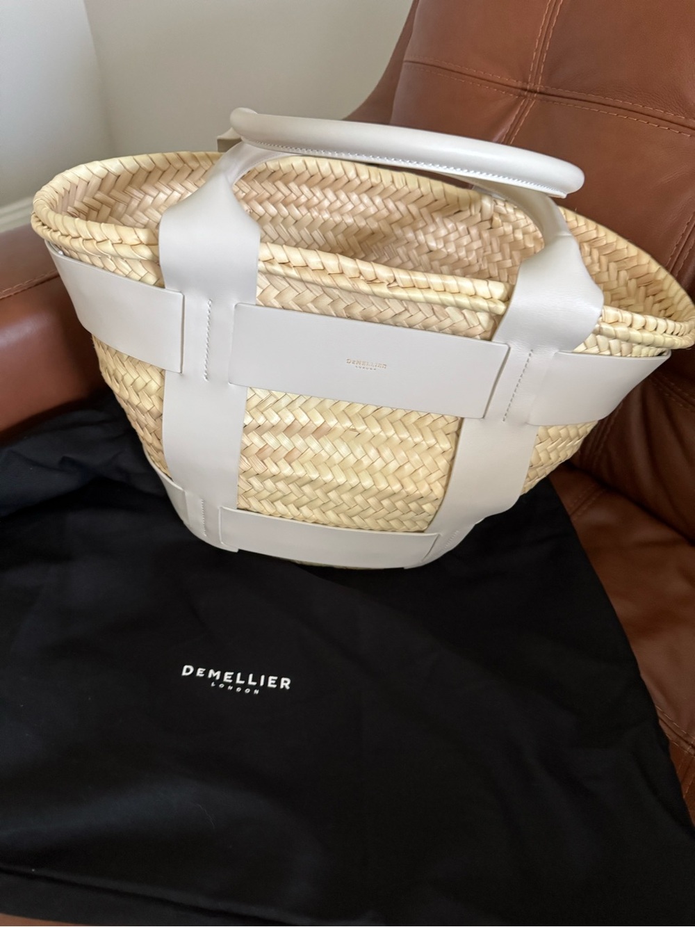 DeMellier Natural Straw Tote with Off White Leather Trim - Picture 3 of 6